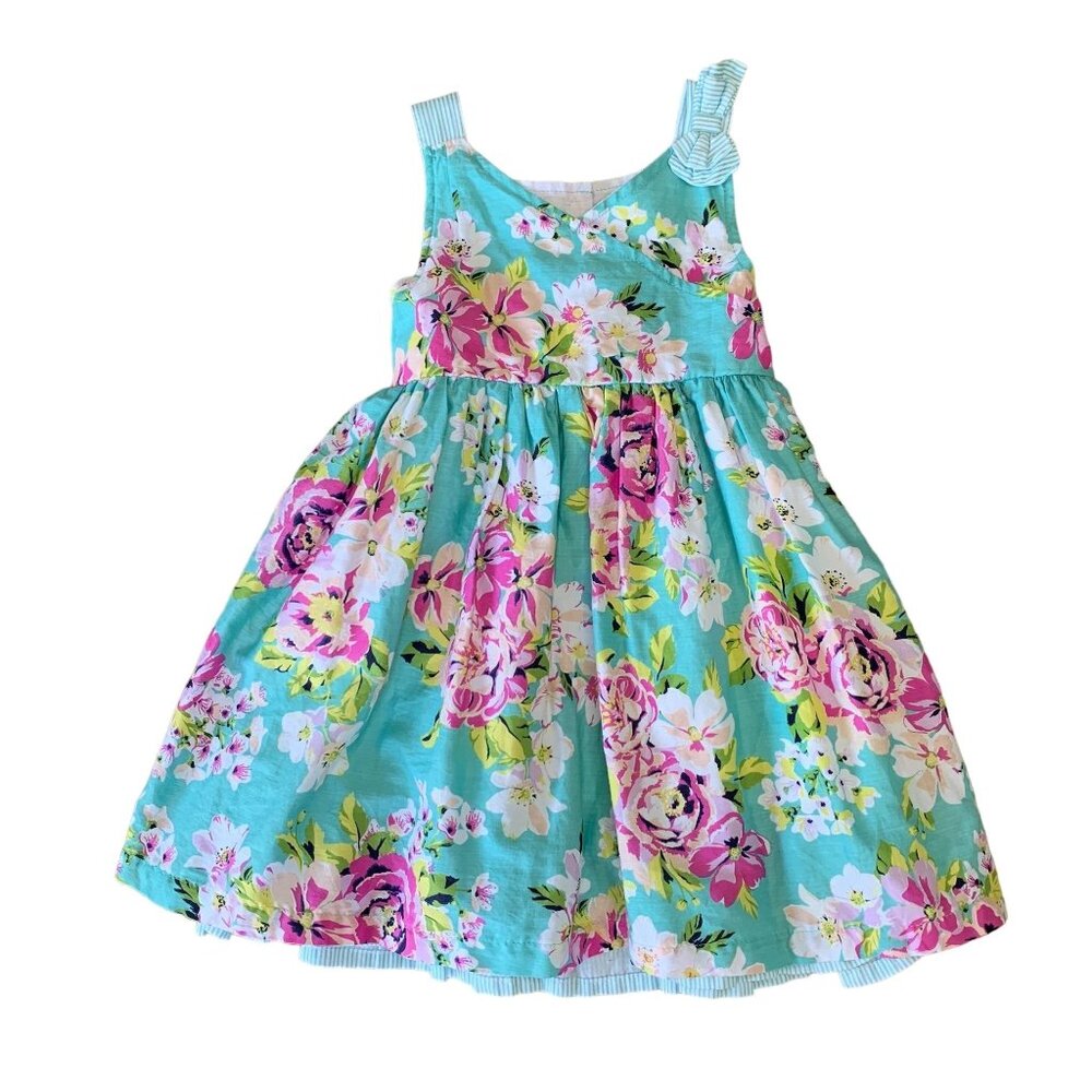 ORIGAMI Wrap Neck Dress Girls 3T 3 Teal Floral Tie Back Toddler Girl Summer